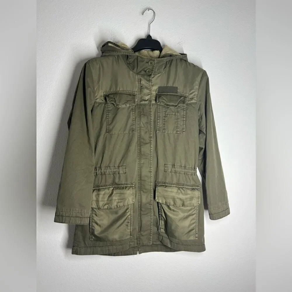 EDC Womens Jacket Size XS Utility Military Hood Zip Button Lined Faux Fur